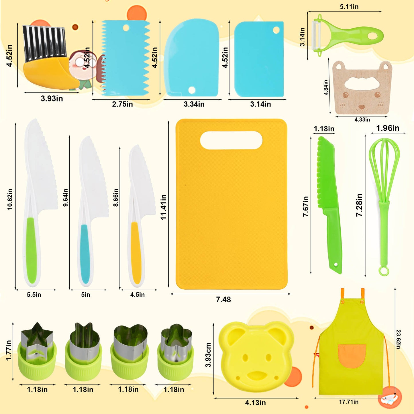 18 Pcs Kids Kitchen Knife set for safe cutting fruits and vegetables